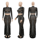 Perspective hot drilling evening dress sexy nightclub style two-piece set
