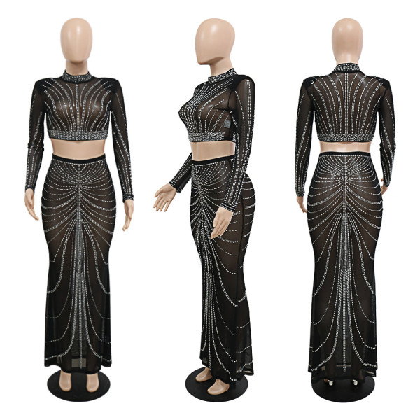 Perspective hot drilling evening dress sexy nightclub style two-piece set