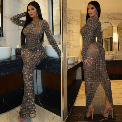 Fashionable sexy mesh nightclub long sleeved women's dress