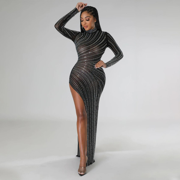 Sexy Mesh Scalded Long Sleeve Irregular Dress