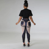 Zhigong denim imitated burn pattern splicing polyester mesh trousers