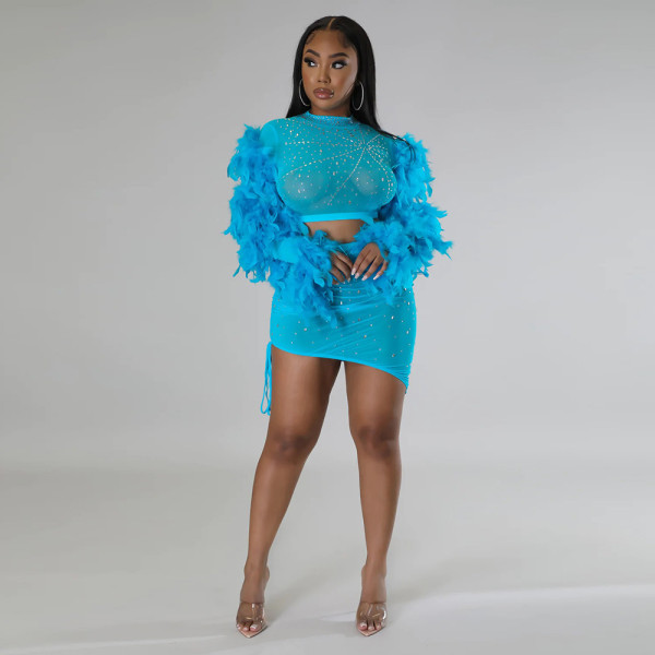 Round neck feather sleeve hot drill short top and irregular skirt two-piece set