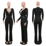 Sexy deep V feather collar fashion wide leg jumpsuit hot drilling