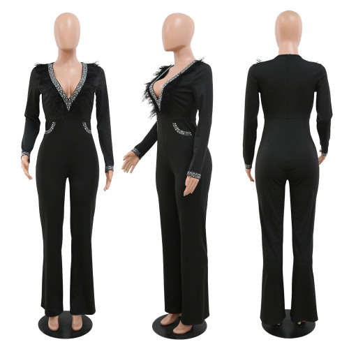 Sexy deep V feather collar fashion wide leg jumpsuit hot drilling