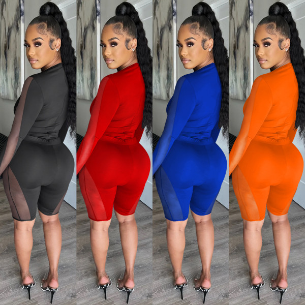 Fashion Women's Mesh Perspective Round Neck Pants Long Sleeve Two Piece Set