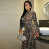 Women's sexy mesh perspective nightclub long sleeve dress