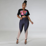 Zhigong denim imitated burn pattern splicing polyester mesh trousers