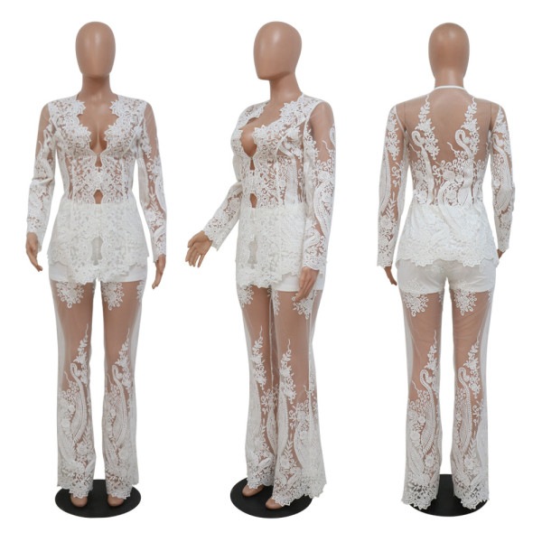 Sexy cardigan long sleeve top perspective wide leg pants embroidered two-piece set