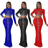 Perspective hot drilling evening dress sexy nightclub style two-piece set