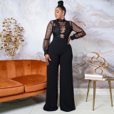 Party Style High Collar Sequins Lace Perspective Long Sleeve Top Loose Bodysuit