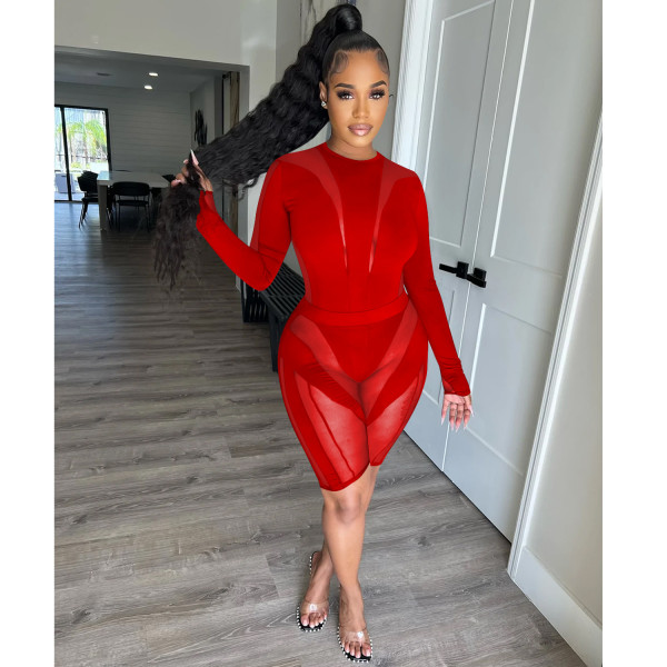 Fashion Women's Mesh Perspective Round Neck Pants Long Sleeve Two Piece Set