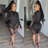 Fashion Women's Mesh Perspective Round Neck Pants Long Sleeve Two Piece Set