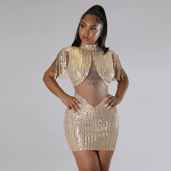 Fashionable tassel high neck sequin wrap hip dress perspective party style