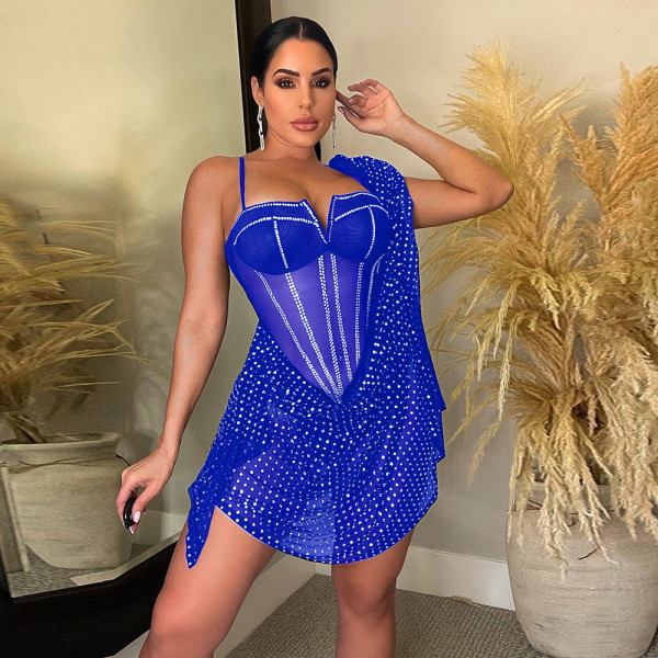 Fashion sexy perspective gauze hot drilling sling dress