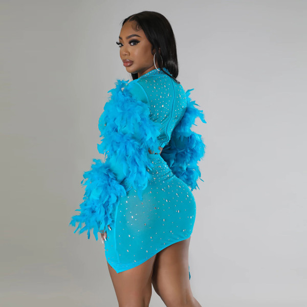 Round neck feather sleeve hot drill short top and irregular skirt two-piece set