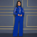 Party Style High Collar Sequins Lace Perspective Long Sleeve Top Loose Bodysuit