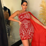 One shoulder cape sleeve sexy bag hip hot drill bag hip dress nightclub party style