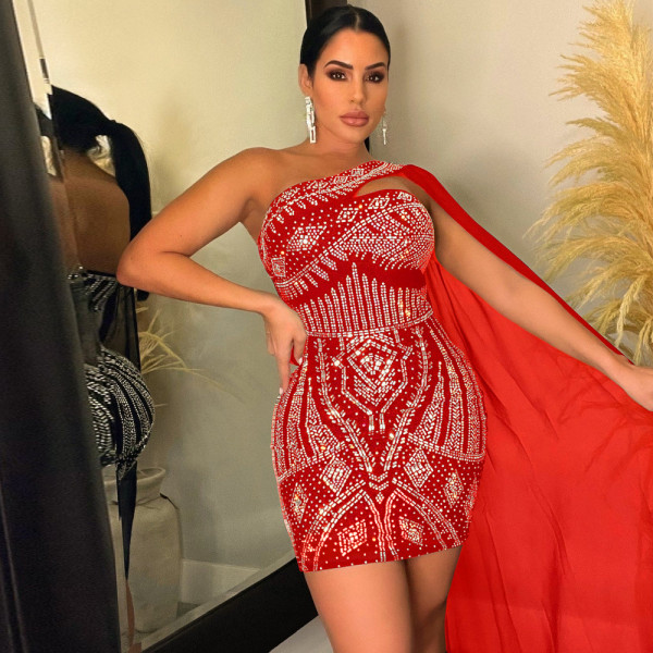 One shoulder cape sleeve sexy bag hip hot drill bag hip dress nightclub party style