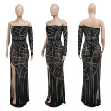 Sexy one shoulder perspective hot drill high slit dress
