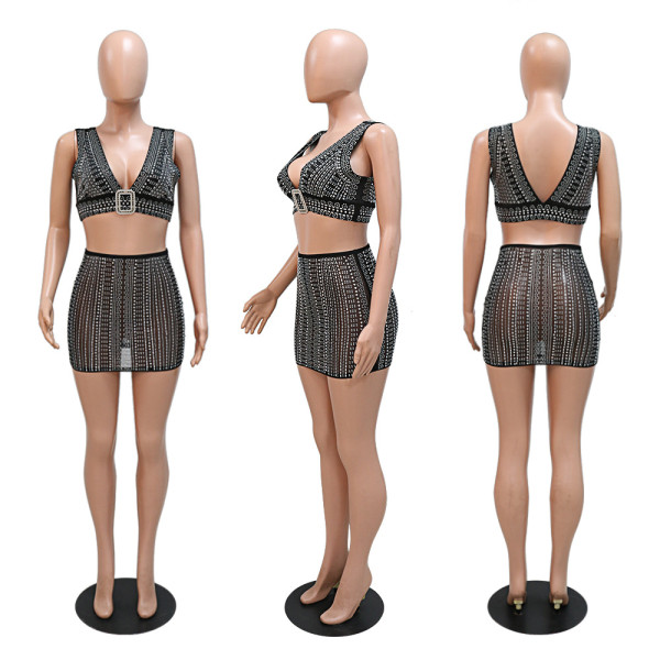Sexy Sling Deep V Tank Top and Sexy Half Skirt Hot Drill Two Piece Set
