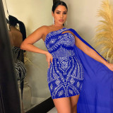 One shoulder cape sleeve sexy bag hip hot drill bag hip dress nightclub party style