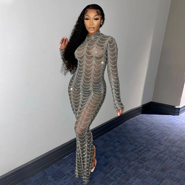 Women's sexy mesh perspective nightclub long sleeve dress