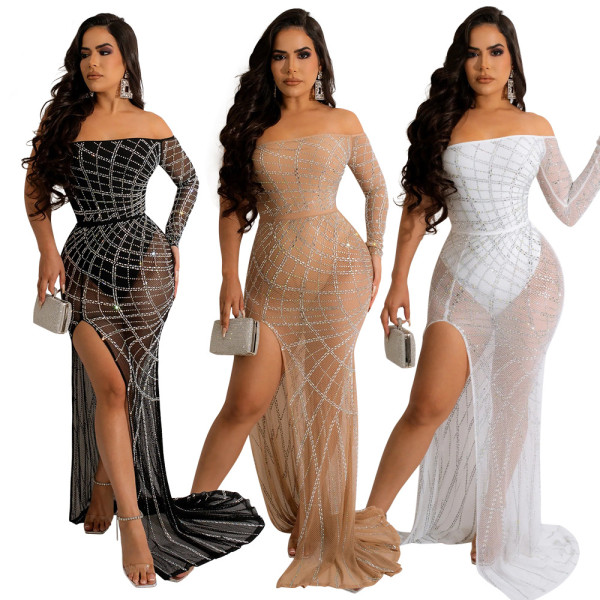 Sexy one shoulder perspective hot drill high slit dress