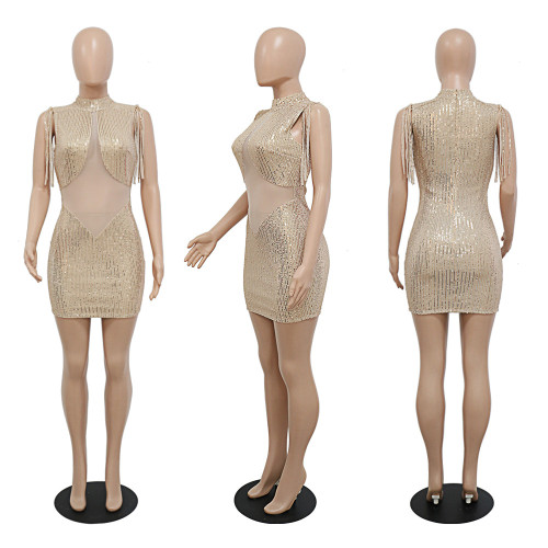 Fashionable tassel high neck sequin wrap hip dress perspective party style