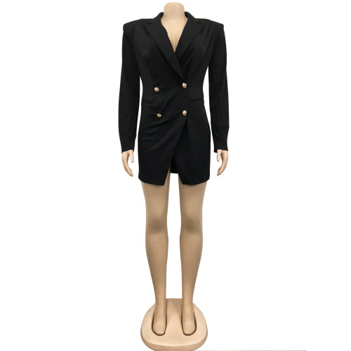 Fashion women's V-neck lapel long sleeve button solid color blazer