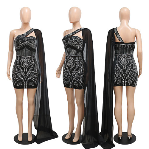 One shoulder cape sleeve sexy bag hip hot drill bag hip dress nightclub party style