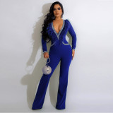 Sexy deep V feather collar fashion wide leg jumpsuit hot drilling