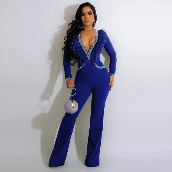 Sexy deep V feather collar fashion wide leg jumpsuit hot drilling