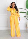 Women's printed striped shirt suit two-piece long sleeve loose straight trousers