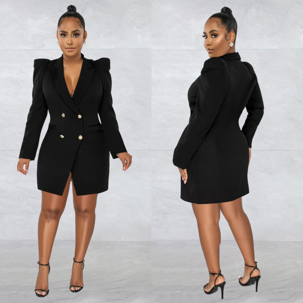 Fashion women's V-neck lapel long sleeve button solid color blazer