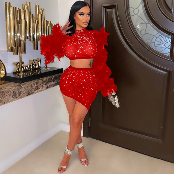 Round neck feather sleeve hot drill short top and irregular skirt two-piece set