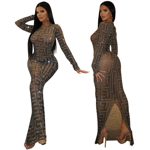 Fashionable sexy mesh nightclub long sleeved women's dress
