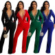 Sexy deep V feather collar fashion wide leg jumpsuit hot drilling