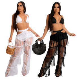 Two piece women's lace up underwear with tassel wide leg pants