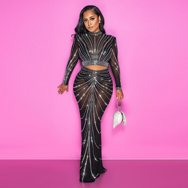 Perspective hot drilling evening dress sexy nightclub style two-piece set