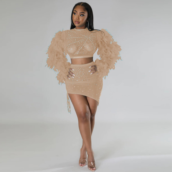 Round neck feather sleeve hot drill short top and irregular skirt two-piece set
