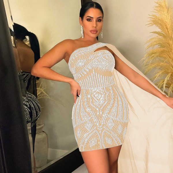 One shoulder cape sleeve sexy bag hip hot drill bag hip dress nightclub party style