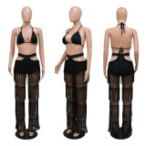 Two piece women's lace up underwear with tassel wide leg pants