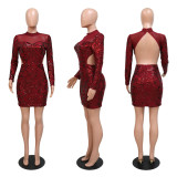 Fashion Sexy Perspective Mesh Round Neck Sequins Open Backpack Hip Party Dress