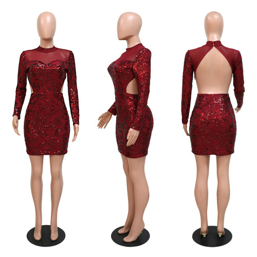 Fashion Sexy Perspective Mesh Round Neck Sequins Open Backpack Hip Party Dress
