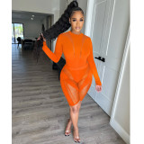 Fashion Women's Mesh Perspective Round Neck Pants Long Sleeve Two Piece Set