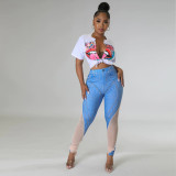 Zhigong denim imitated burn pattern splicing polyester mesh trousers