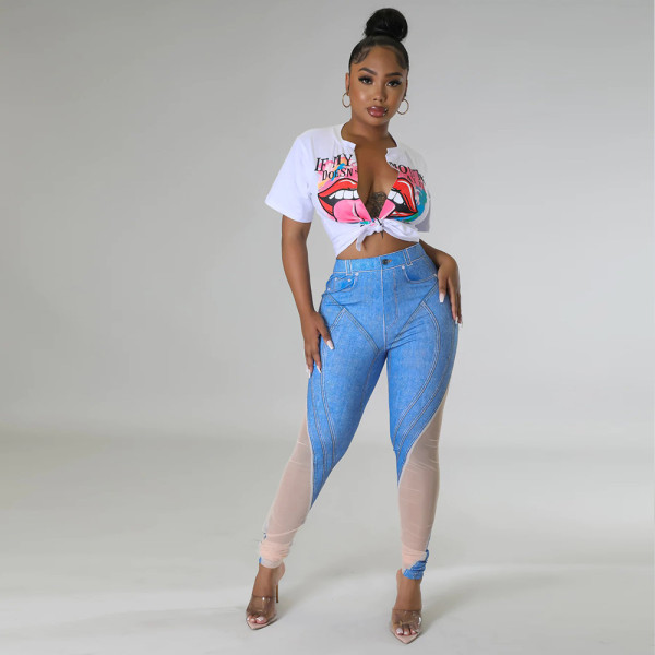 Zhigong denim imitated burn pattern splicing polyester mesh trousers