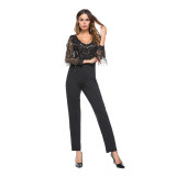 Women's sequins V-neck long sleeved jumpsuit casual pants