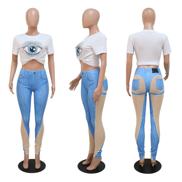 Zhigong denim imitated burn pattern splicing polyester mesh trousers