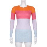 Gradual color contrast fine flash basic round neck long sleeve slim cut open back strapping personalized fashion wool dress